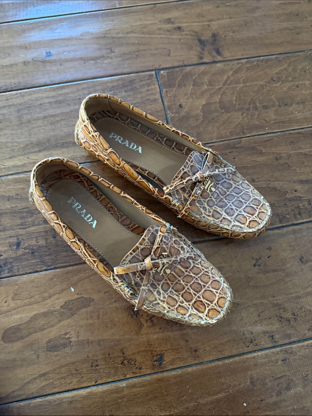 Prada Brown Tan Croc-Embossed Leather Loafers